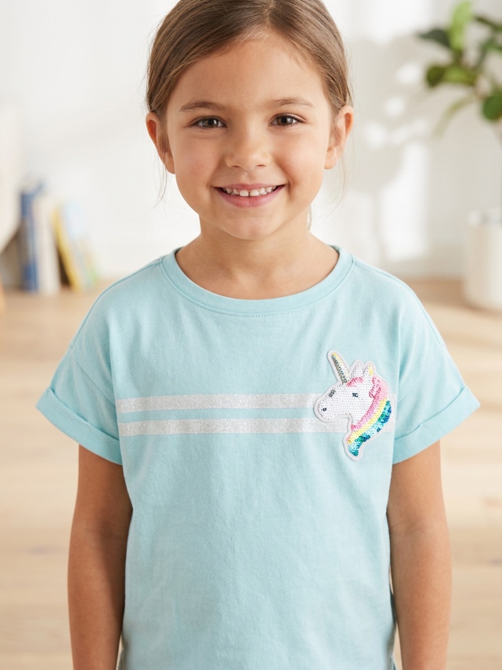 GAP Light Blue Unicorn Sequin Patch Tee